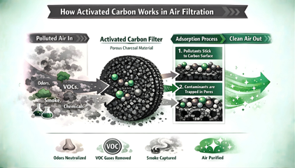 How activated carbon works in air filtration infographic